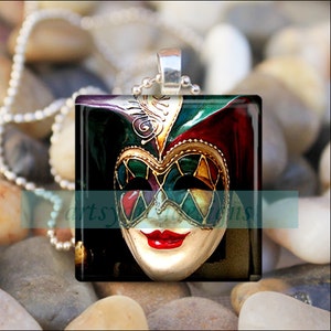 JESTER MASK Mardi Gras Theater Drama Comedy Mask Glass Tile Pendant Necklace Keyring