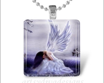 CRYING ANGEL Heaven Fairy Fantasy Glass Tile Pendant Necklace Keyring