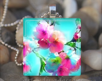 CHERRY BLOSSOMS Sakura Tree Pink Blue Flowers Glass Tile Pendant Necklace Keyring