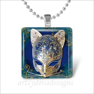 CAT THEATER MASK Kitty Theatre Drama Glass Tile Pendant Necklace Keyring
