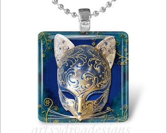 CAT THEATER MASK Kitty Theatre Drama Glass Tile Pendant Necklace Keyring