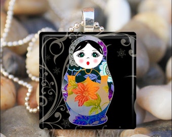 RUSSIAN NESTING DOLL Matryoshka Babushka Russian Stacking Dolls Glass Tile Pendant Necklace Keyring - Design 7