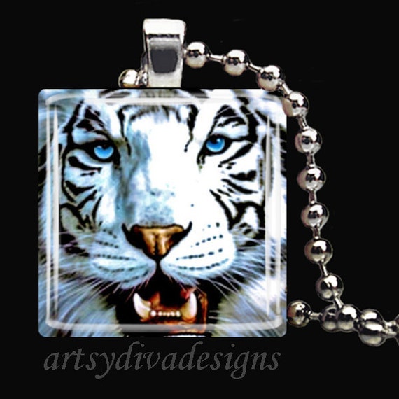 WHITE SIBERIAN TIGER Cat Lion Animal Glass Tile Pendant Necklace Keyring