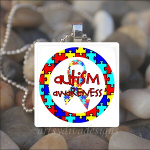 AUTISM AWARENESS RIBBON Autism Puzzle Pieces Glass Tile Pendant Necklace Keyring