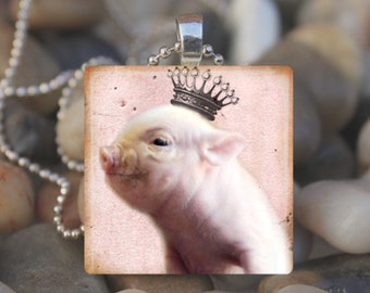 PIGLET PRINCESS Piggy Queen Pig Lover Glass Tile Pendant Necklace Keyring