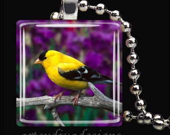 YELLOW FINCH BIRD Spring Bird Glass Tile Pendant Necklace Keyring