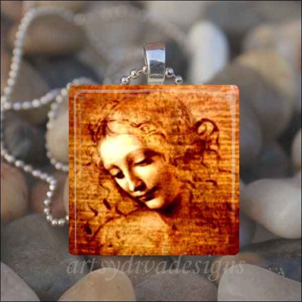 THE YOUNG GIRL Leonardo Da Vinci Painting Art Glass Tile Pendant Necklace Keyring