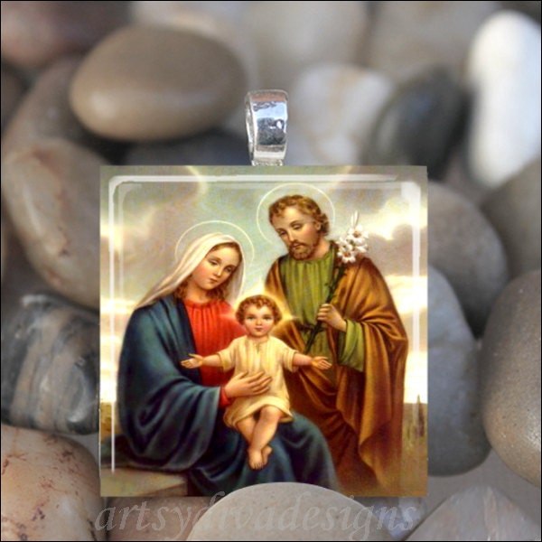 HOLY FAMILY Virgin Mary Baby Jesus Christ Joseph Religious Glass Tile Pendant Necklace Keyring