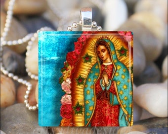 VIRGIN OF GUADALUPE Our Lady of Guadalupe Virgin Mary Catholic Religious Glass Tile Pendant Necklace Keyring