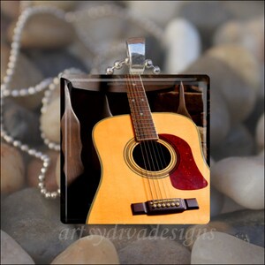 GUITAR LOVER Music String Instrument Glass Tile Pendant Necklace Keyring