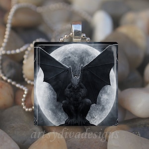 GARGOYLE MAAN STANDBEELD Gotische Goth Halloween Bat Glas Tegel Hanger Ketting Sleutelhanger ontwerp 3