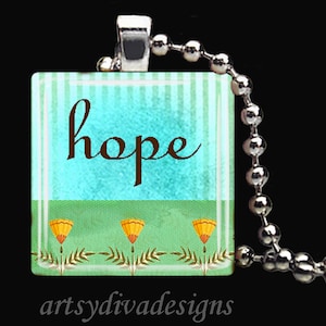 HOPE Inspiriational Garden Positive Quote Glass Tile Pendant Necklace Keyring