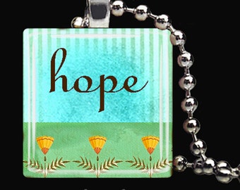 HOPE Inspiriational Garden Positive Quote Glass Tile Pendant Necklace Keyring