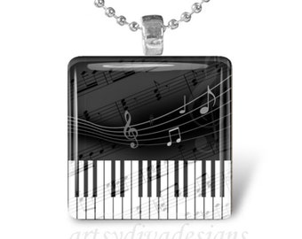 MUSICAL PIANO KEYBOARD Music Notes Glass Tile Pendant Necklace Keyring