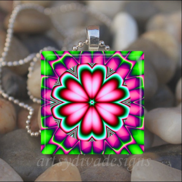 PINK STARBURST BLUME Kaleidoskop Mandala Kunst Glas Fliese Anhänger Halskette Schlüsselanhänger