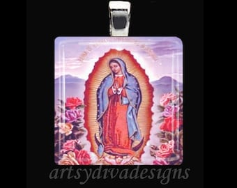 VIRGIN OF GUADALUPE Our Lady of Guadalupe Virgin Mary Religious Glass Tile Pendant Necklace Keyring