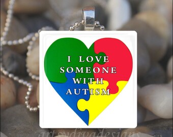 AUTISM AWARENESS LOVE Glass Tile Pendant Necklace Keyring design 3