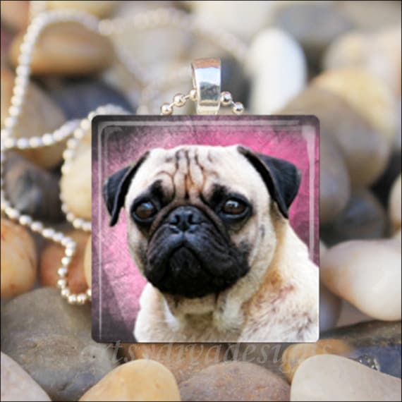 Pink Design PUG DOG LOVE Pug Cutie Canine Glass Tile Pendant Necklace Keyring