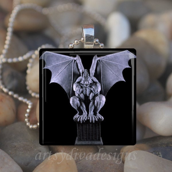 GARGOYLE MOON STATUE Gothic Goth Halloween Bat Glass Tile Pendant Necklace Keyring design 2