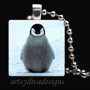 PENGUIN BABY Artic Bird Glass Tile Pendant Necklace Keyring