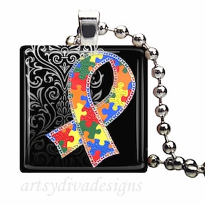 AUTISM AWARENESS Ribbon Puzzle Piece Glass Tile Pendant Necklace Keyring design 2