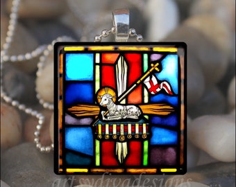 LAMB of GOD Jesus Christ Holy Cross Religious Glass Tile Pendant Necklace Keychain