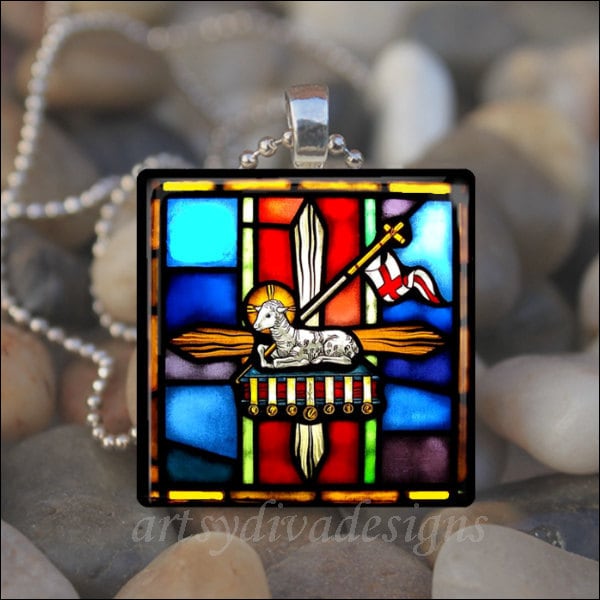 LAMB of GOD Jesus Christ Holy Cross Religious Glass Tile Pendant Necklace Keychain