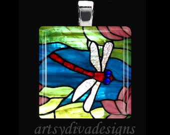 VIBRANT DRAGONFLY Spring Summer Garden Insect Glass Tile Pendant Necklace Keyring