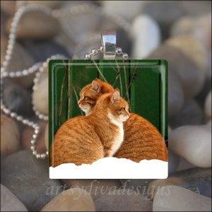 SNOW CATS Winter Kitty Cat Friends Love Glass Tile Pendant Necklace Keyring