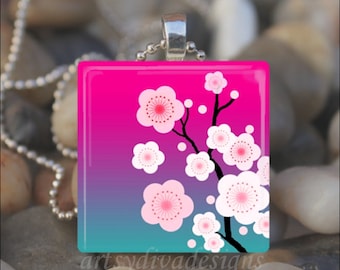 PINK CHERRY BLOSSOMS Sakura Tree Blossom Flowers Glass Tile Pendant Necklace Keyring