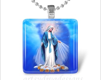 THE VIRGIN MARY Blessed Mother of Jesus Christ Religious Glass Tile Pendant Necklace Keyring