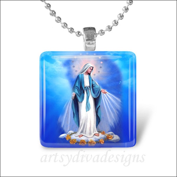 THE VIRGIN MARY Blessed Mother of Jesus Christ Religious Glass Tile Pendant Necklace Keyring