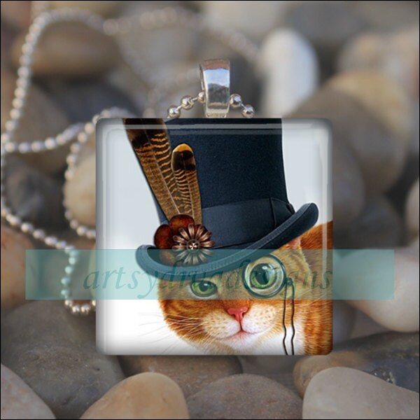 TOP HAT CAT Classy Kitty Glass Tile Pendant Necklace Keyring design 2