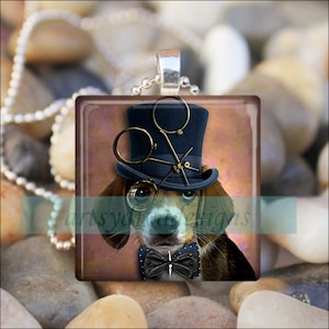 TOP HAT HUND Beagle Hund Edel Canine Steampunk Glasfliesen Anhänger Halskette Schlüsselring Design 3