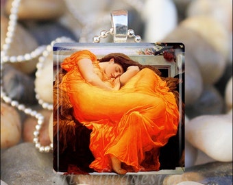 FLAMING JUNE Frederick Leighton Art Painting Glass Tile Pendant Necklace Keyring