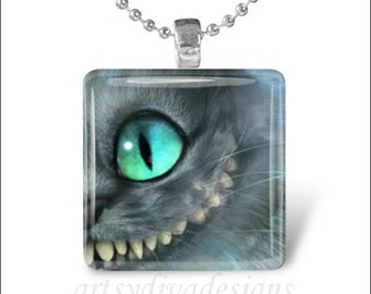 CHESHIRE CAT GRIN Kitty Eye Alice in Wonderland Glass Tile Pendant Necklace Keyring