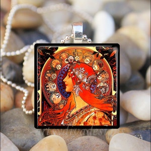 RED HAIRED GODDESS Alfons Alphonse Mucha Art Nouveau Deco Glass Tile Pendant Necklace Keyring