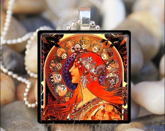 RED HAIRED GODDESS Alfons Alphonse Mucha Art Nouveau Deco Glass Tile Pendant Necklace Keyring