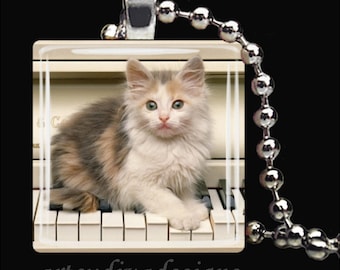 KITTEN PIANO Musical Kitty Cat Keyboard Baby Animal Glass Tile Pendant Necklace Keyring