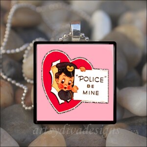 POLICE BE MINE Vintage Valentine Hearts Love Glass Tile Pendant Necklace Keyring