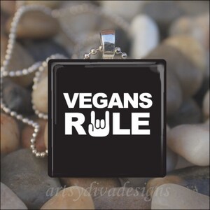 VEGANS RULE Vegetarian Vegan Glass Tile Pendant Necklace Keyring