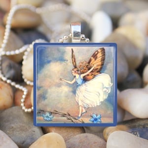 BLUE SKY FAIRY Vintage Fairies Pixie Wings Fairy Tale Glass Tile Pendant Necklace Keyring