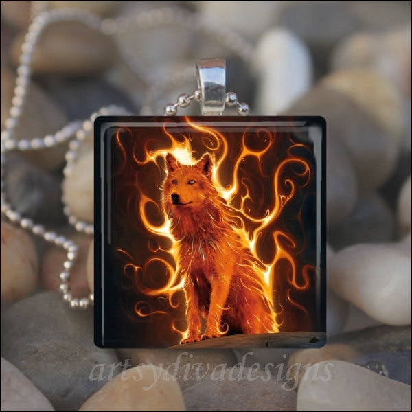 FLAMING WOLF Fire Dog Coyote Glass Tile Pendant Necklace Keyring