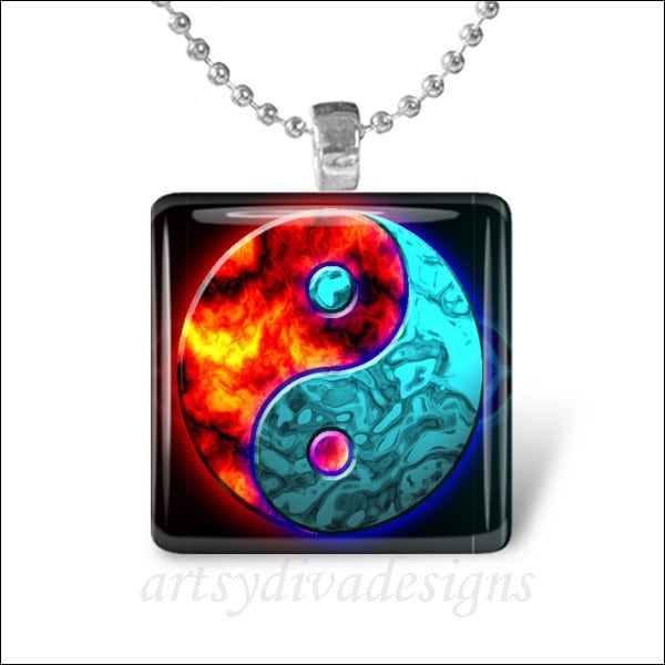 FIREWATER YING YANG Fire Water Glass Tile Pendant Necklace Keyring