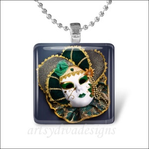 HARLEQUIN THEATER MASK Mardi Gras Theatre Drama Jester Glass Tile Pendant Necklace Keyring