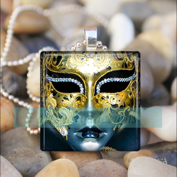 ORNATE FACE MASK Diamond Eyes Mardi Gras Theater Drama Mask Glass Tile Pendant Necklace Keyring