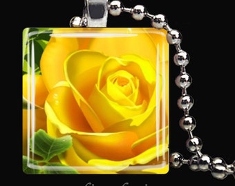 YELLOW ROSE Spring Flower Garden Glass Tile Pendant Necklace Keyring