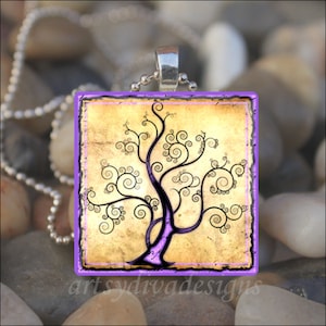 WHIMSICAL TREE Curly Branch Poetry Tree Glass Tile Pendant Necklace Keyring