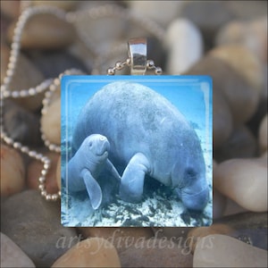 MANATEE LOVE Mother Baby Manatee Mother's Day Glass Tile Pendant Necklace Keyring
