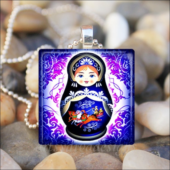 RUSSIAN NESTING DOLL Matryoshka Babushka Russian Stacking Dolls Glass  Pendant Necklace Keyring Blue/Purple